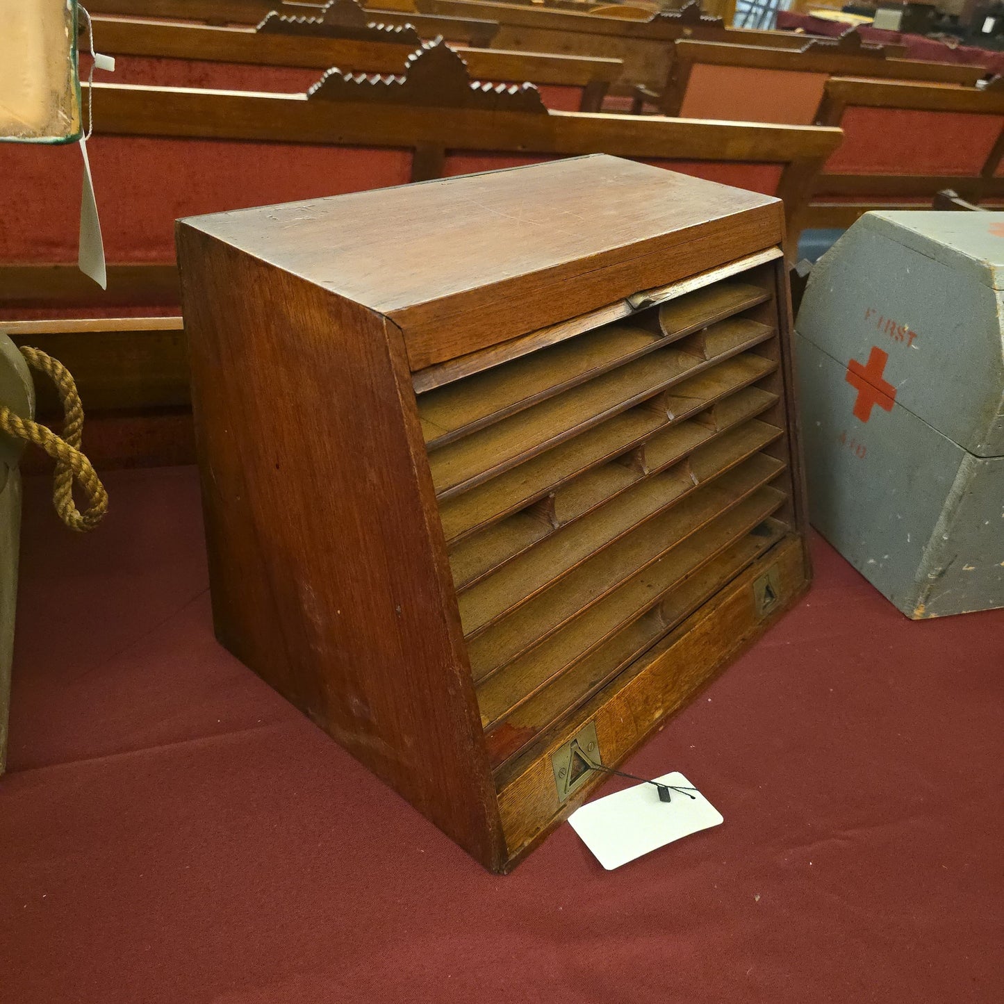 Antique Oak Tambour Front Desktop Cabinet with Drawer