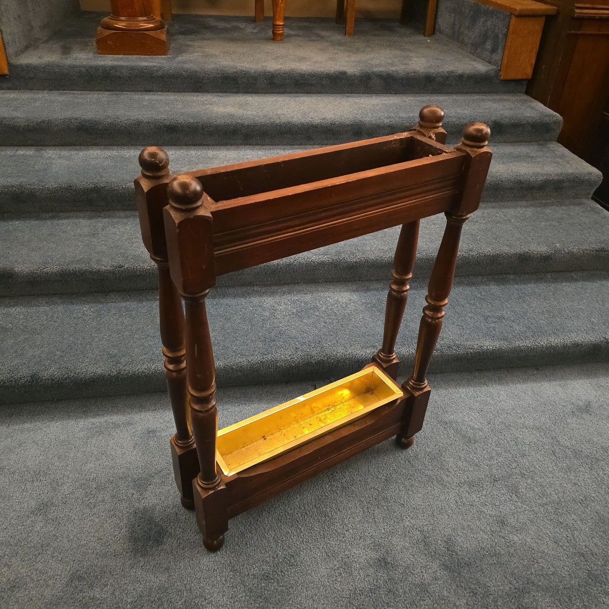 Vintage Wooden Umbrella and Cane Stand with Metal Drip Tray