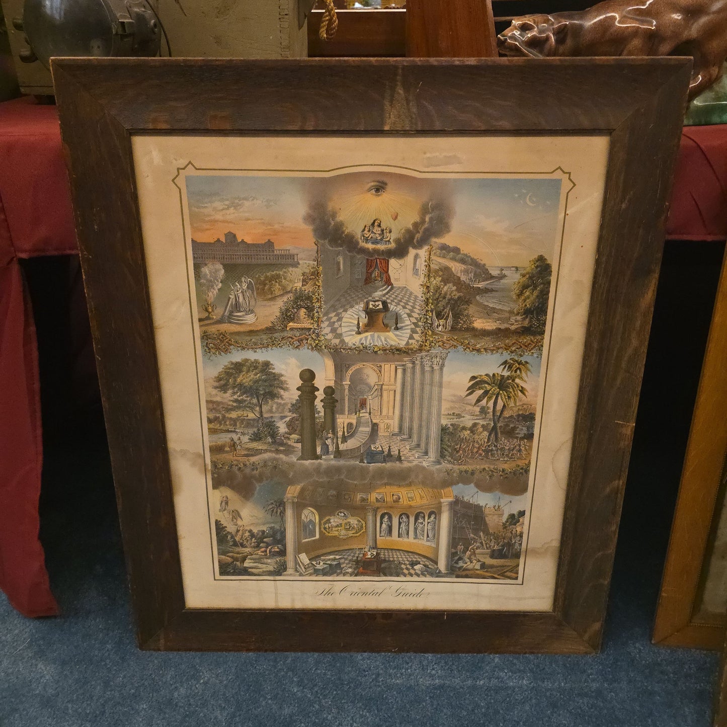 Antique Framed Masonic Chromolithograph Print, "The Oriental Guide," Copyright by James Warren Currier, 1874, Published by Armstrong & Co., Boston, Massachusetts