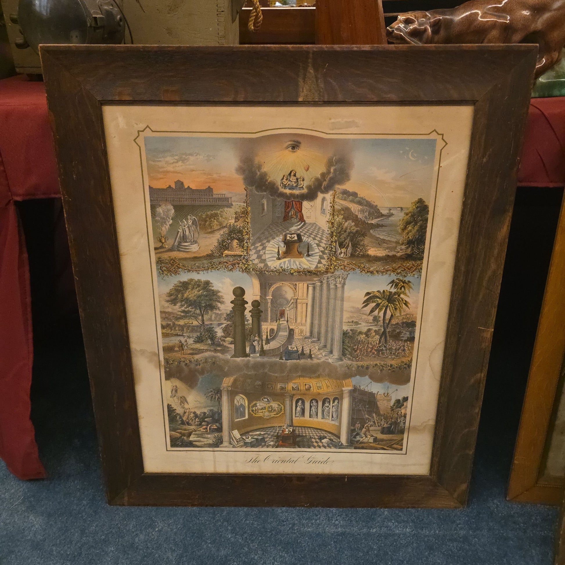 Antique Framed Masonic Chromolithograph Print, "The Oriental Guide," Copyright by James Warren Currier, 1874, Published by Armstrong & Co., Boston, Massachusetts
