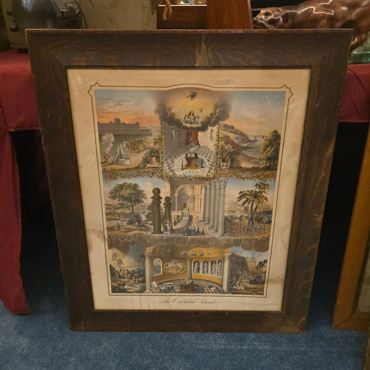 Antique Framed Masonic Chromolithograph Print, "The Oriental Guide," Copyright by James Warren Currier, 1874, Published by Armstrong & Co., Boston, Massachusetts
