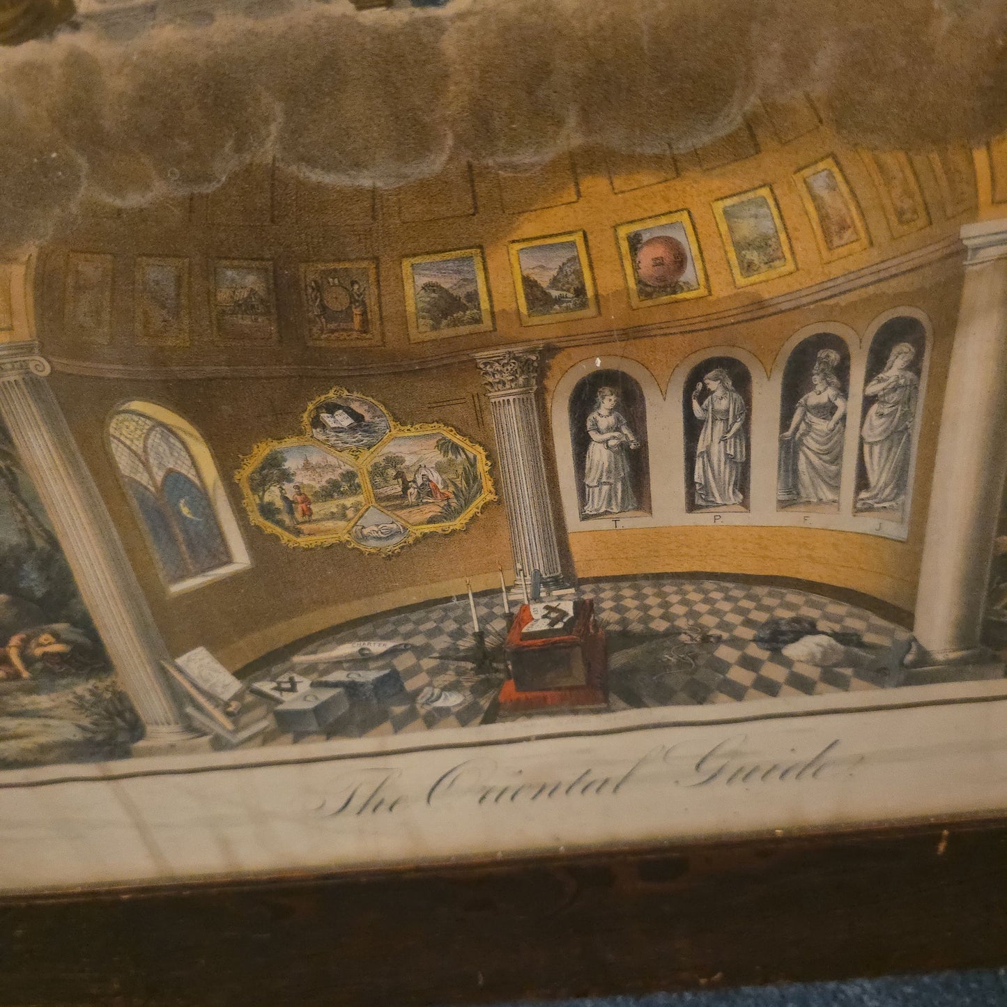 Antique Framed Masonic Chromolithograph Print, "The Oriental Guide," Copyright by James Warren Currier, 1874, Published by Armstrong & Co., Boston, Massachusetts