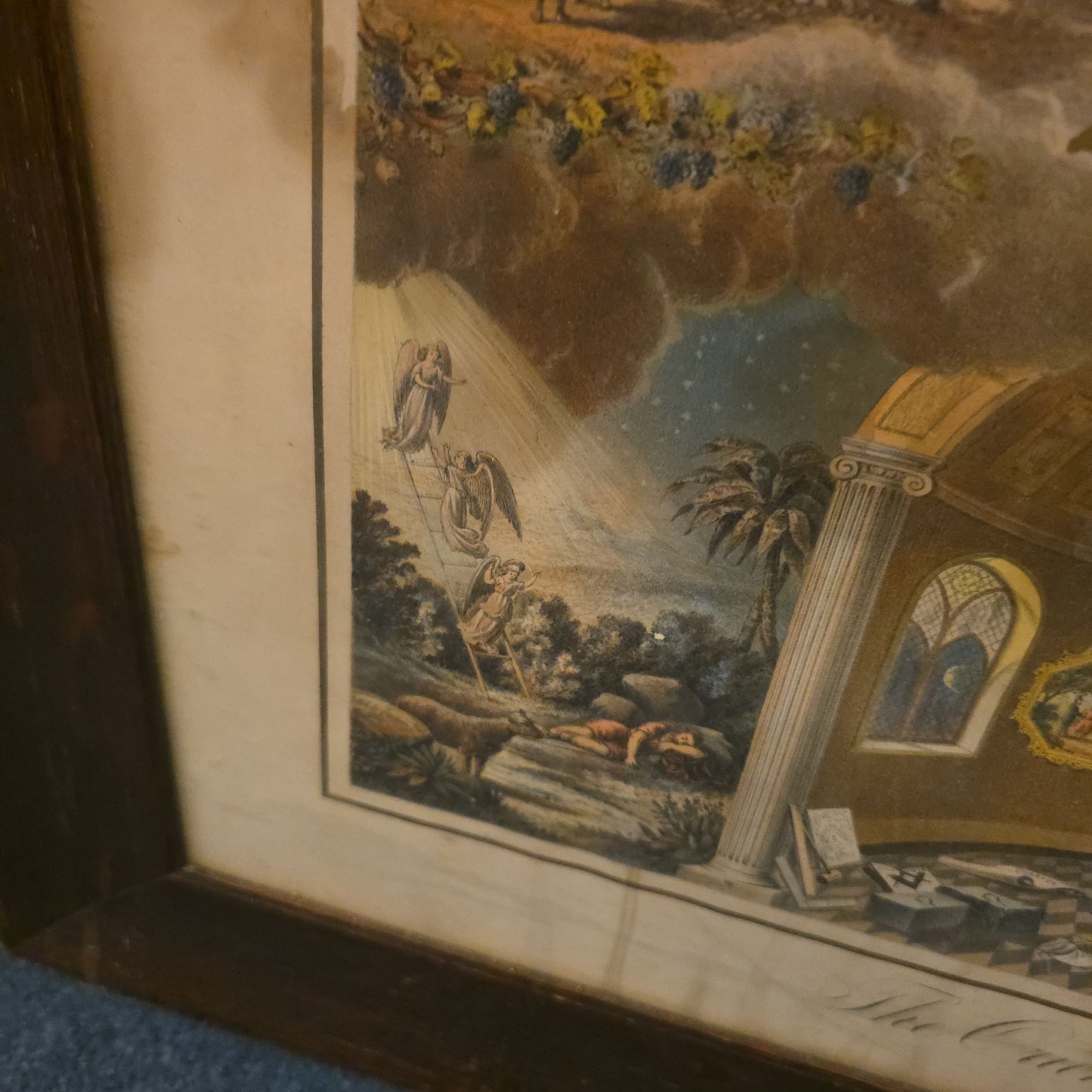Antique Framed Masonic Chromolithograph Print, "The Oriental Guide," Copyright by James Warren Currier, 1874, Published by Armstrong & Co., Boston, Massachusetts