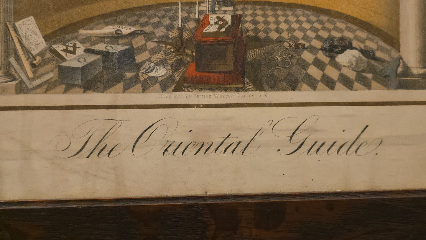 Antique Framed Masonic Chromolithograph Print, "The Oriental Guide," Copyright by James Warren Currier, 1874, Published by Armstrong & Co., Boston, Massachusetts