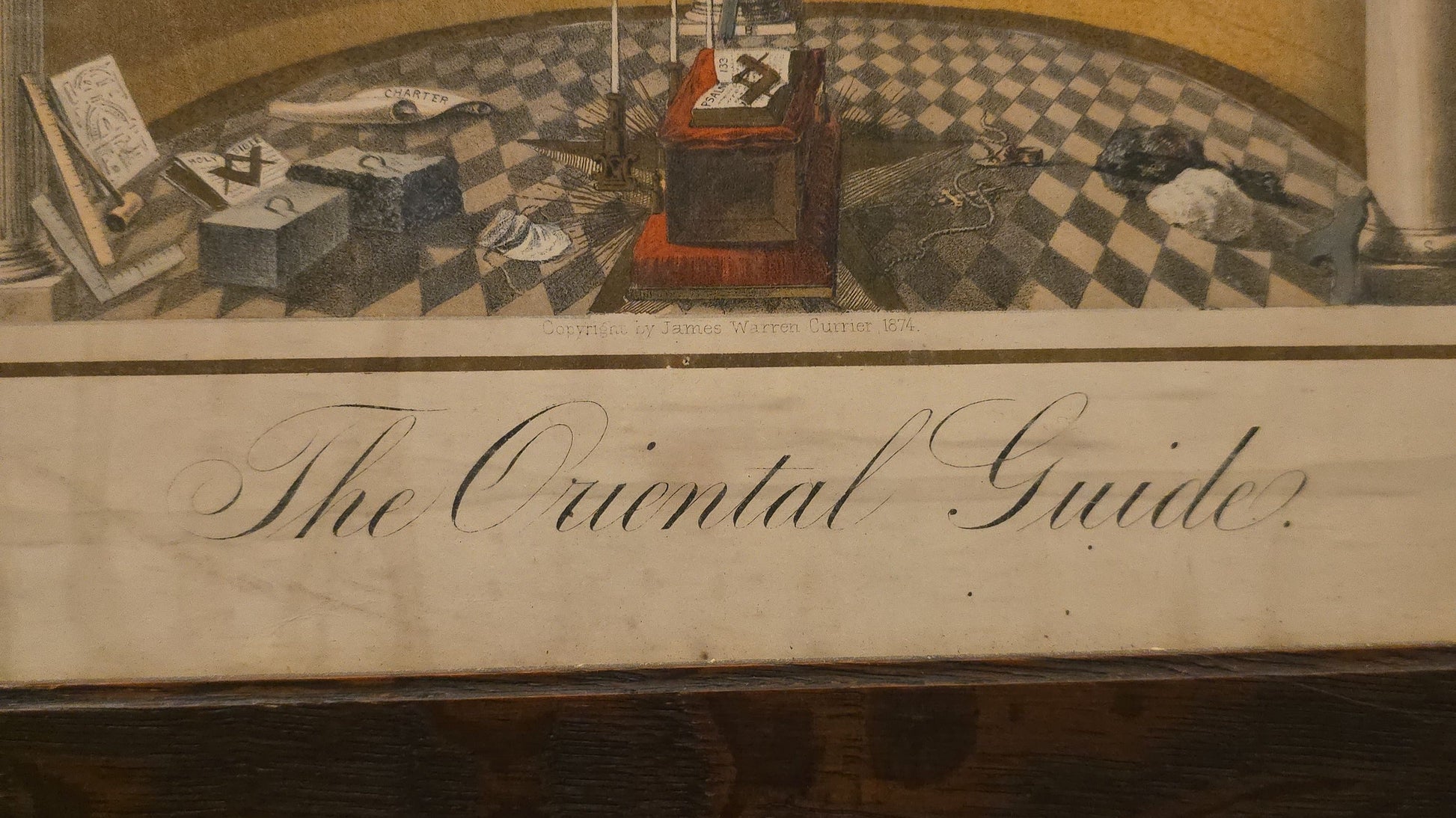 Antique Framed Masonic Chromolithograph Print, "The Oriental Guide," Copyright by James Warren Currier, 1874, Published by Armstrong & Co., Boston, Massachusetts