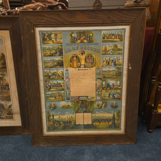 Antique Framed I.O.O.F. Membership Record Chromolithograph Print, Mt. Mica Lodge No. 17, South Paris, Maine, 1906, Published by J.M. Vickroy Co., Terre Haute, Indiana