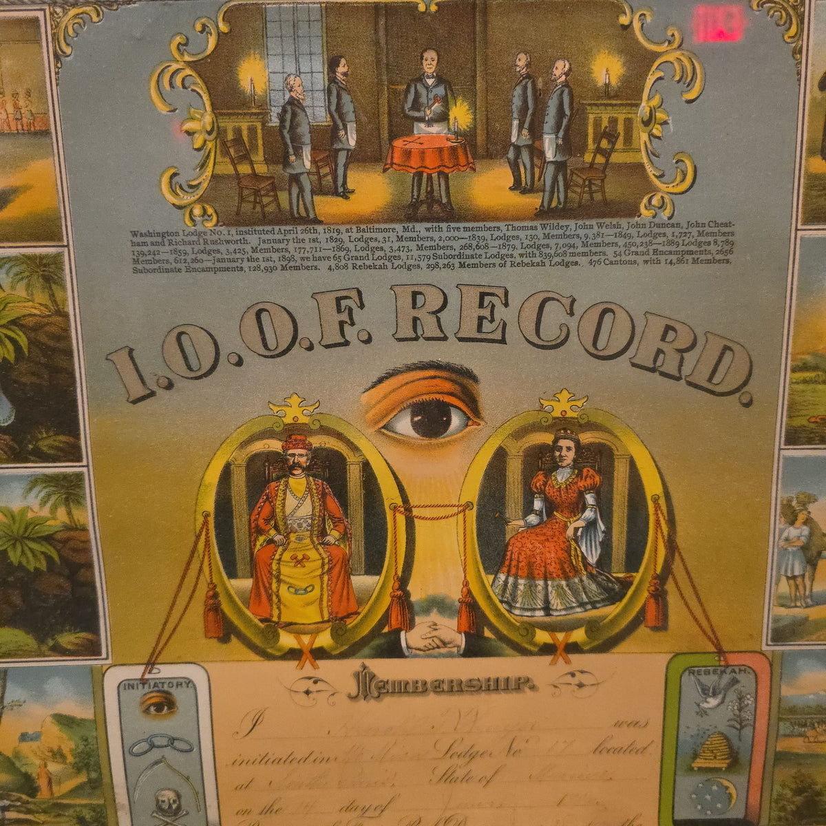 Antique Framed I.O.O.F. Membership Record Chromolithograph Print, Mt. Mica Lodge No. 17, South Paris, Maine, 1906, Published by J.M. Vickroy Co., Terre Haute, Indiana