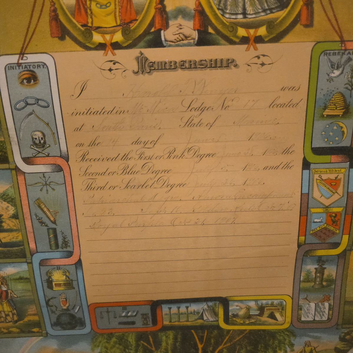 Antique Framed I.O.O.F. Membership Record Chromolithograph Print, Mt. Mica Lodge No. 17, South Paris, Maine, 1906, Published by J.M. Vickroy Co., Terre Haute, Indiana