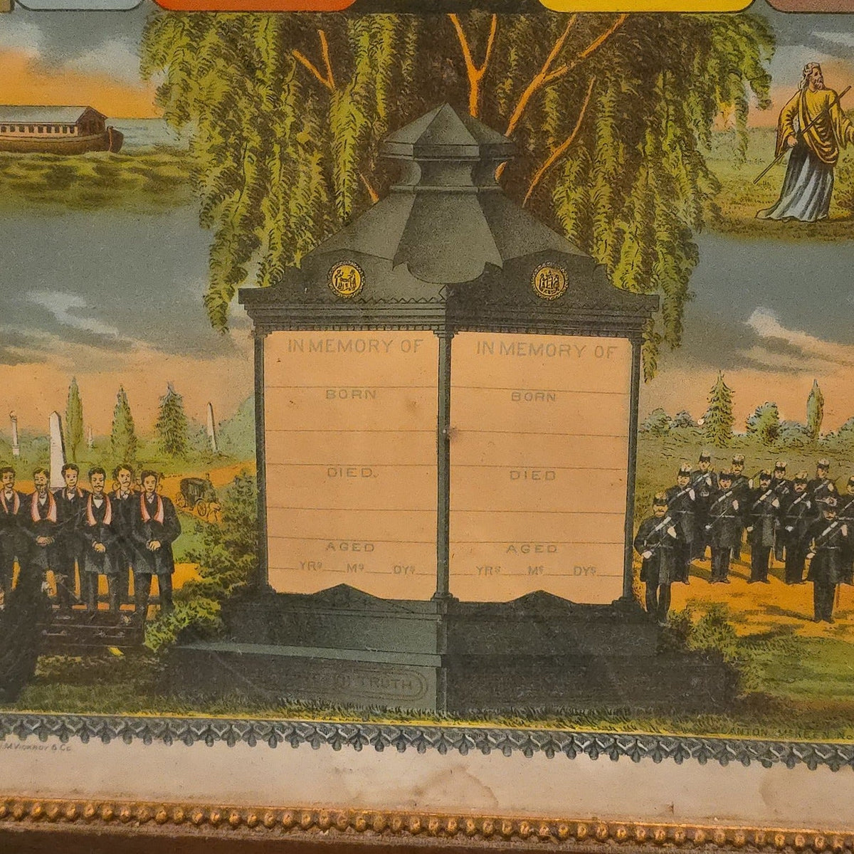 Antique Framed I.O.O.F. Membership Record Chromolithograph Print, Mt. Mica Lodge No. 17, South Paris, Maine, 1906, Published by J.M. Vickroy Co., Terre Haute, Indiana