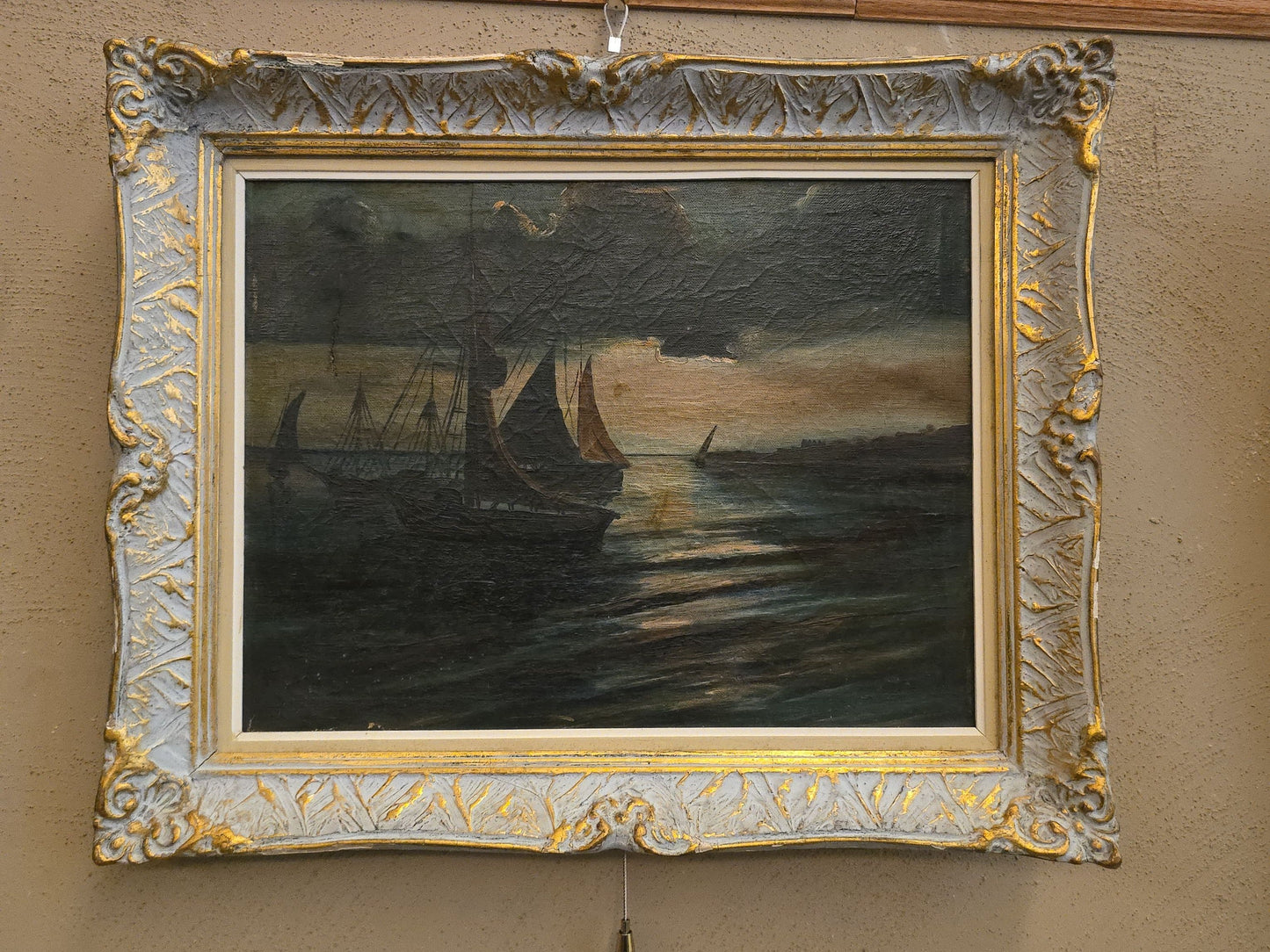 Antique Framed Oil Painting on Canvas, Maritime Scene with Sailing Vessels at Sunset