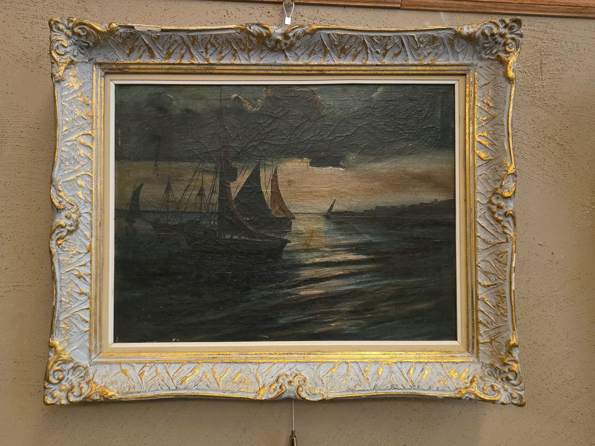 Antique Framed Oil Painting on Canvas, Maritime Scene with Sailing Vessels at Sunset