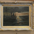 Lot 006 - Antique Framed Oil Painting on Canvas, Maritime Scene with Sailing Vessels at Sunset, 21-3/4" W x 17-1/2" H