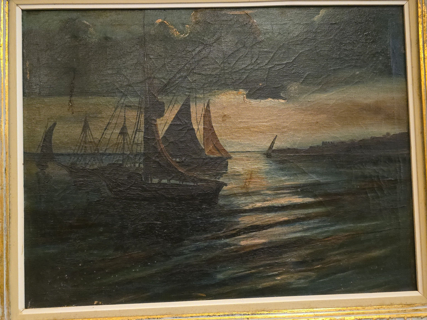 Antique Framed Oil Painting on Canvas, Maritime Scene with Sailing Vessels at Sunset