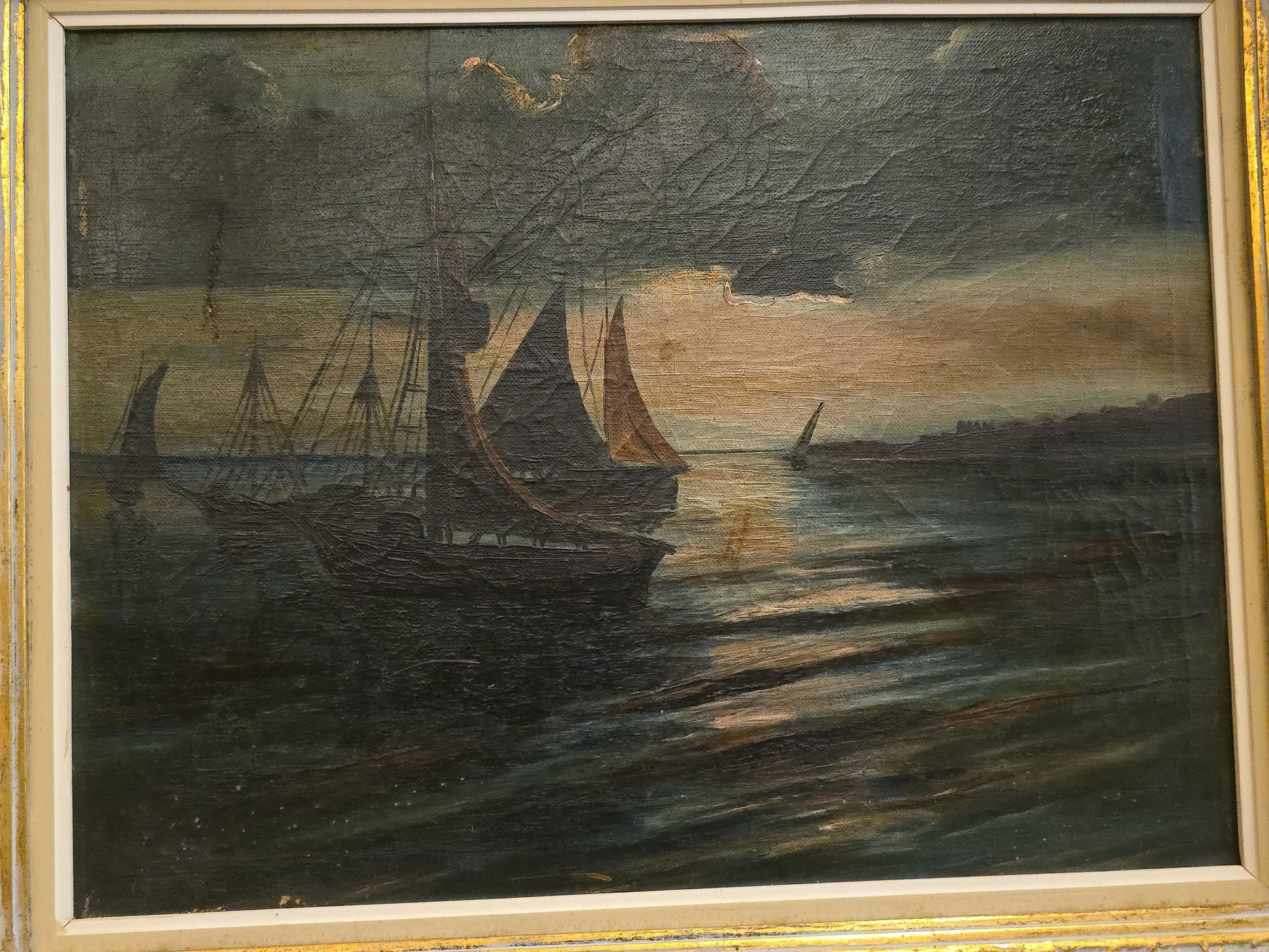 Antique Framed Oil Painting on Canvas, Maritime Scene with Sailing Vessels at Sunset