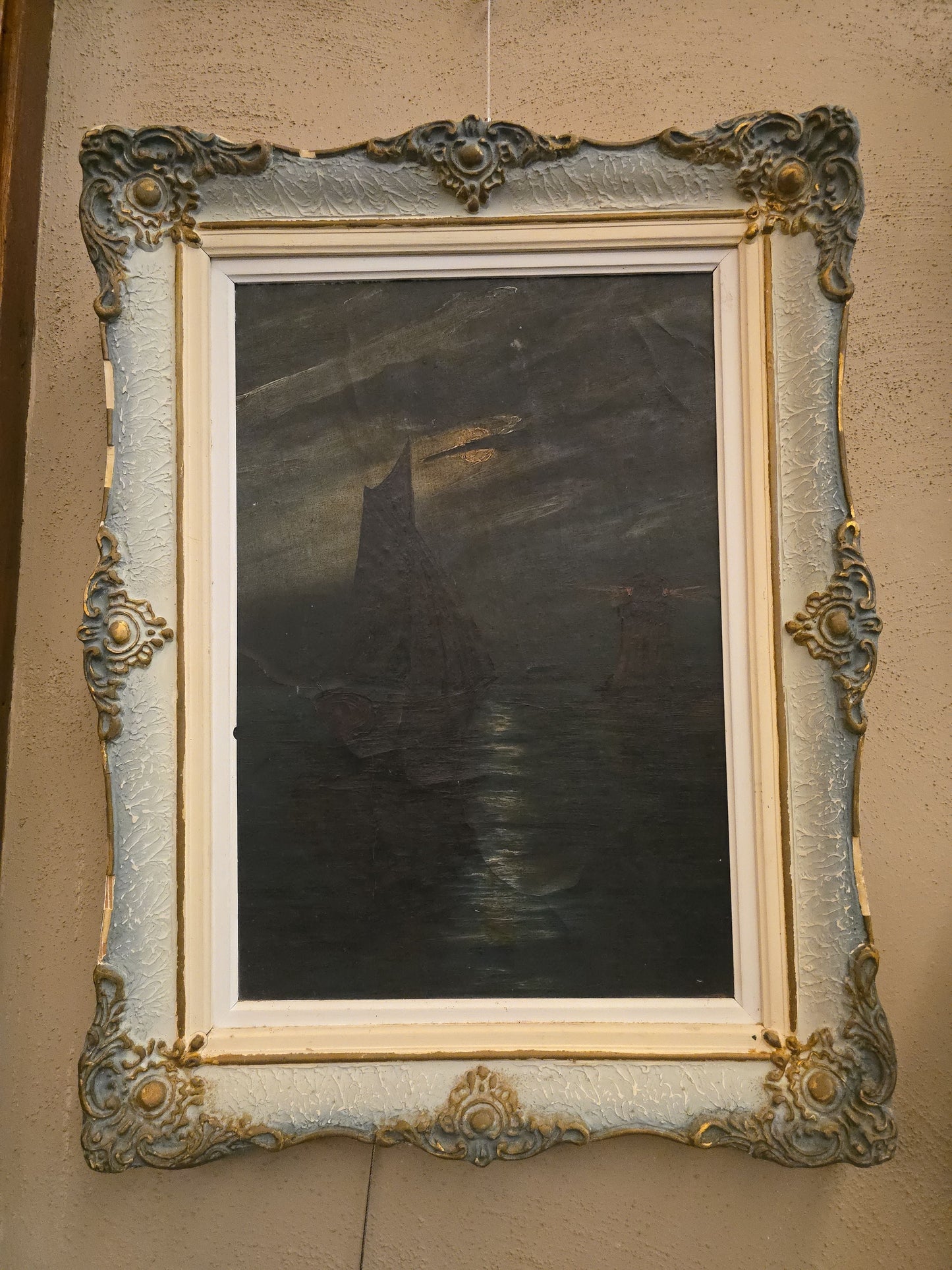 Antique Framed Oil Painting on Canvas, Nocturnal Maritime Scene with Sailboat and Lighthouse