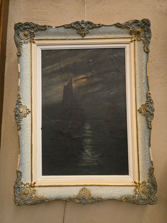 Antique Framed Oil Painting on Canvas, Nocturnal Maritime Scene with Sailboat and Lighthouse