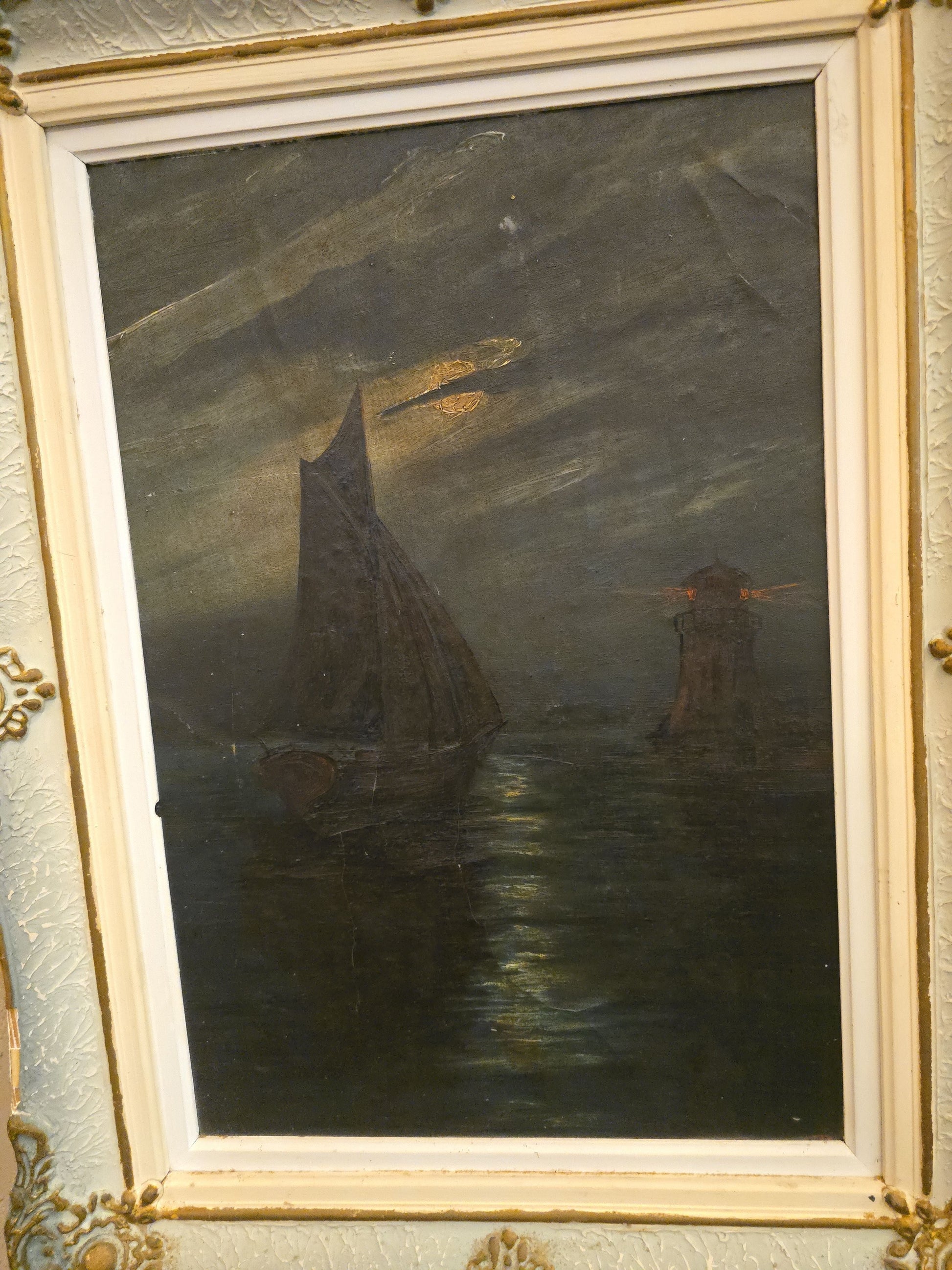 Antique Framed Oil Painting on Canvas, Nocturnal Maritime Scene with Sailboat and Lighthouse