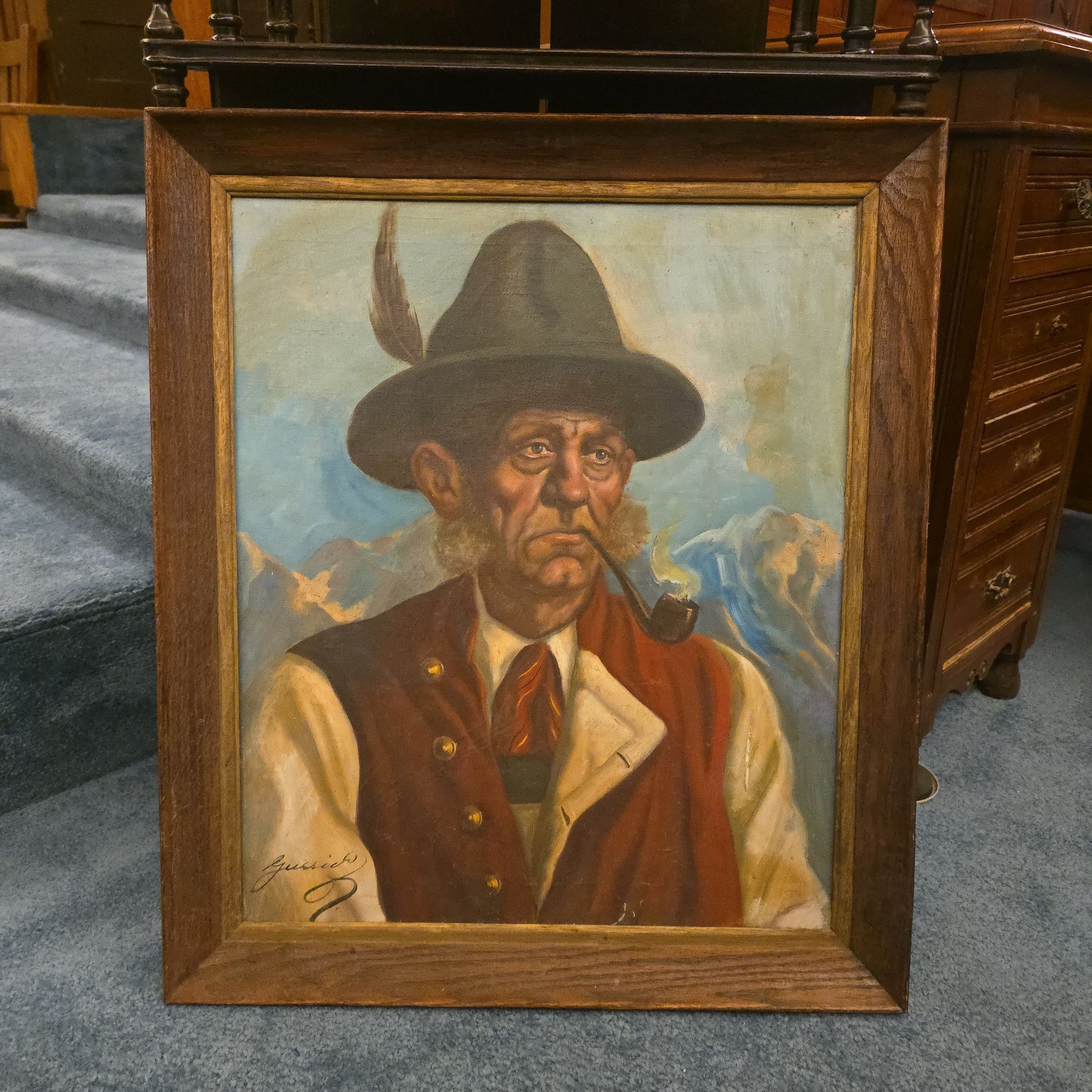 Vintage Framed Oil Painting on Canvas, Portrait of a Tyrolean Man Smoking a Pipe Titled "Top of the World" by Jeno Gussich