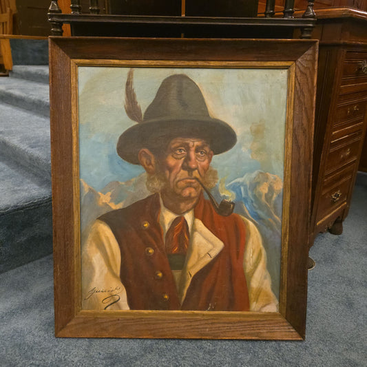 Vintage Framed Oil Painting on Canvas, Portrait of a Tyrolean Man Smoking a Pipe Titled "Top of the World" by Jeno Gussich