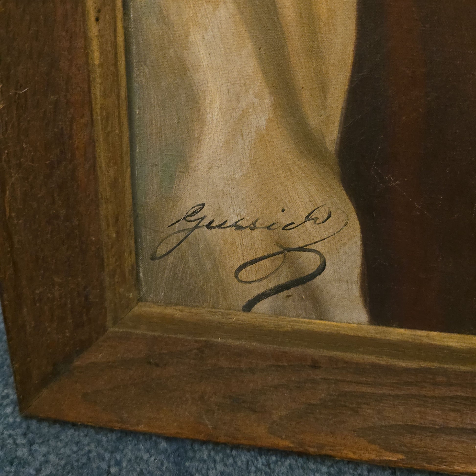Vintage Framed Oil Painting on Canvas, Portrait of a Tyrolean Man Smoking a Pipe Titled "Top of the World" by Jeno Gussich