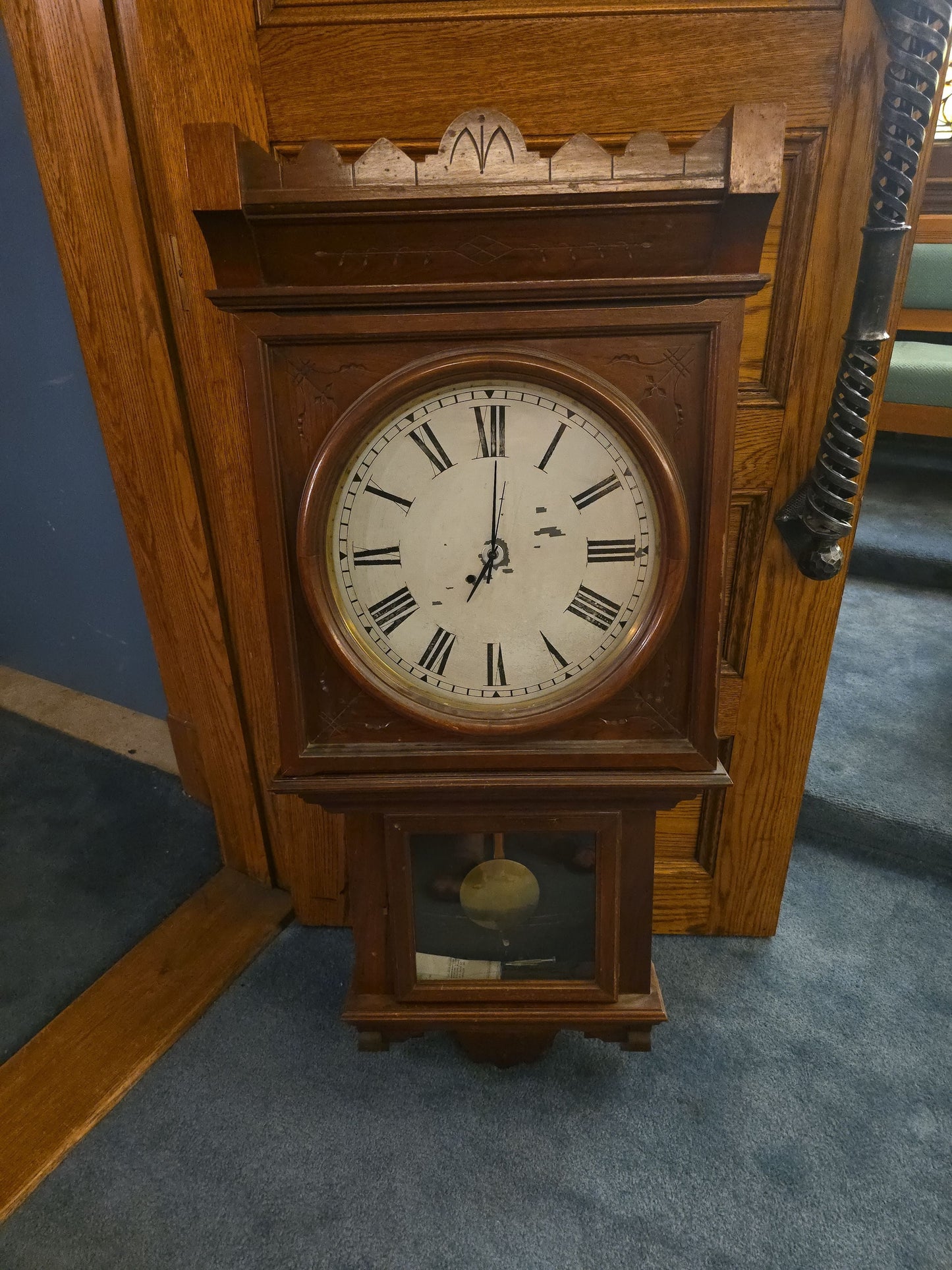 Antique Walnut Wall Regulator Clock with Roman Numeral Dial and Pendulum, Modern Battery Clock Movement