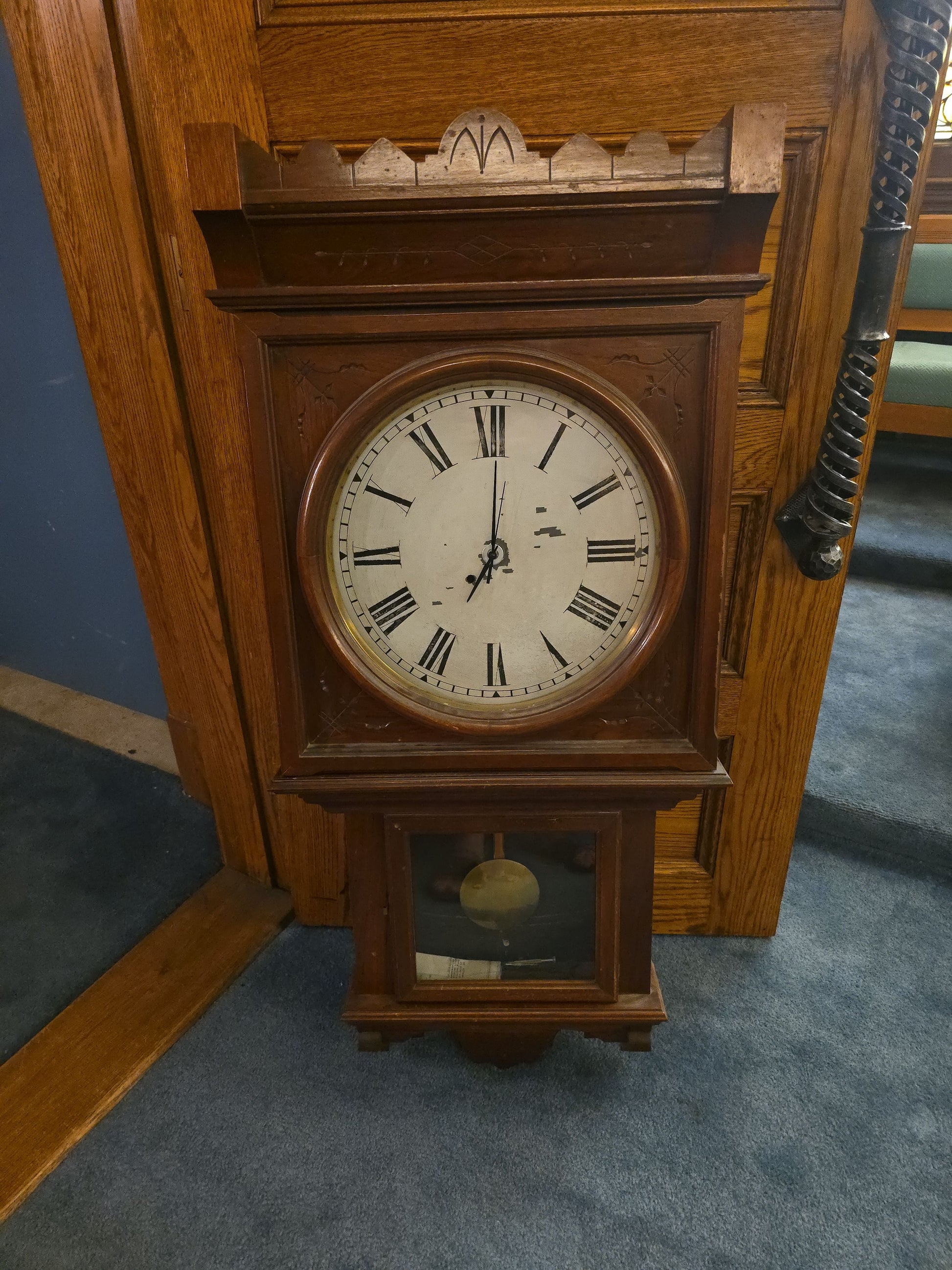 Antique Walnut Wall Regulator Clock with Roman Numeral Dial and Pendulum, Modern Battery Clock Movement