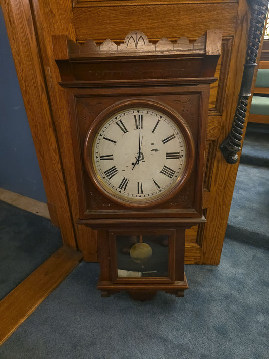 Antique Walnut Wall Regulator Clock with Roman Numeral Dial and Pendulum, Modern Battery Clock Movement