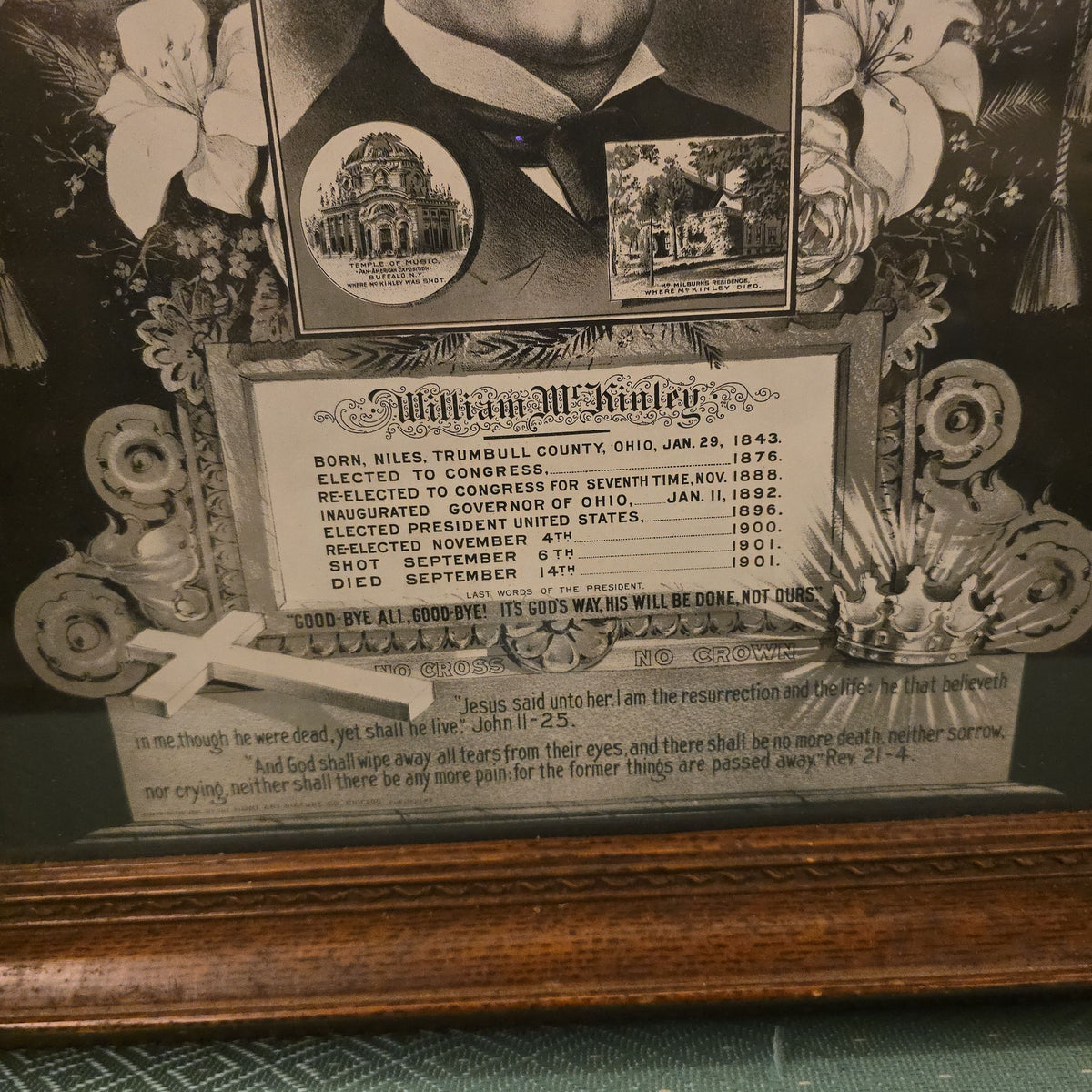 Antique Framed William McKinley Memorial Print, "Not Lost But Gone Before," Published by Home Art Picture Co., Chicago, Illinois, 1901