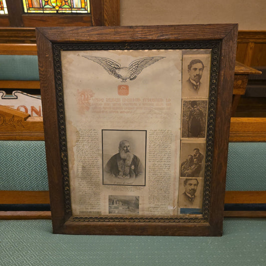 Antique Framed Armenian-Language Commemorative Broadside with Eagle Vignette, Portraits, and Monastery View, Circa 1907