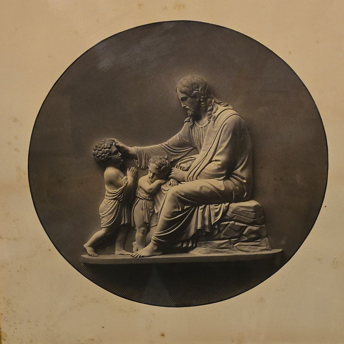 Antique Framed Photograph of Bertel Thorvaldsen's "Christ Blessing the Children" Sculpture, Photographed by John G. Unnevehr, Circa 1872