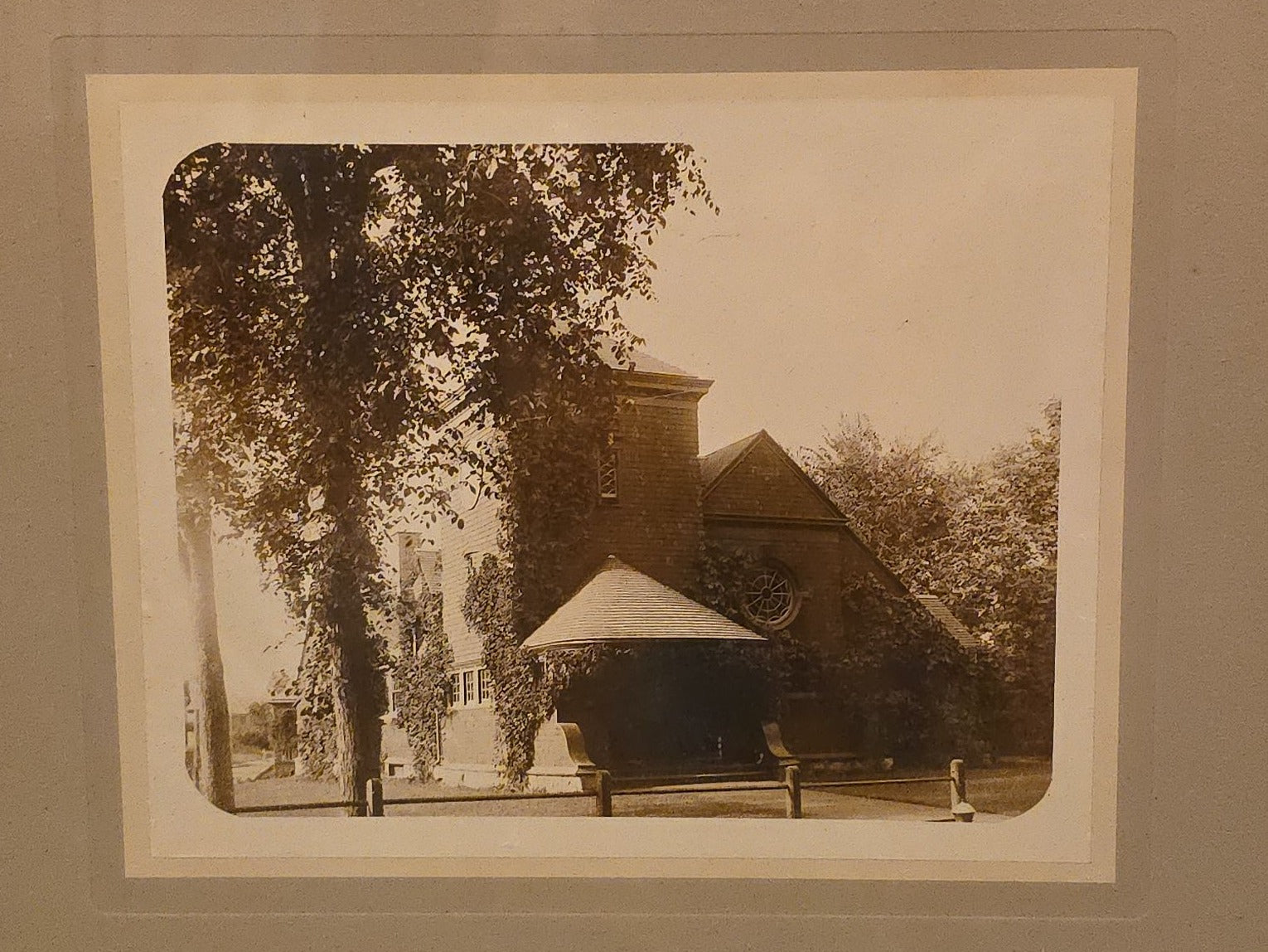 Antique Framed Sepia Photograph of an Ivy-Covered Church