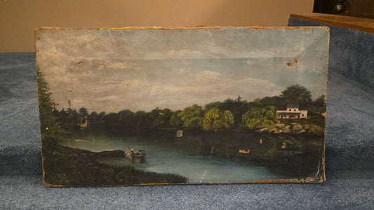 Antique Oil Painting on Board, River Landscape with Figures in a Rowboat and House Among Trees