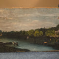 Lot 054 - Antique Oil Painting on Board, River Landscape with Figures in a Rowboat and House Among Trees, 26-1/4" W x 14-1/2" H
