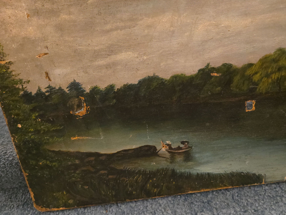 Antique Oil Painting on Board, River Landscape with Figures in a Rowboat and House Among Trees