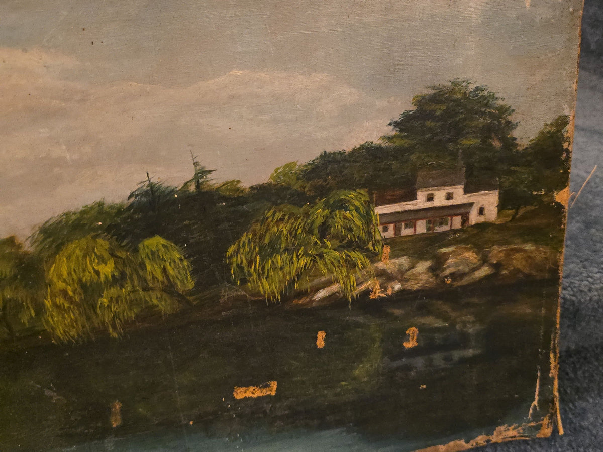 Antique Oil Painting on Board, River Landscape with Figures in a Rowboat and House Among Trees