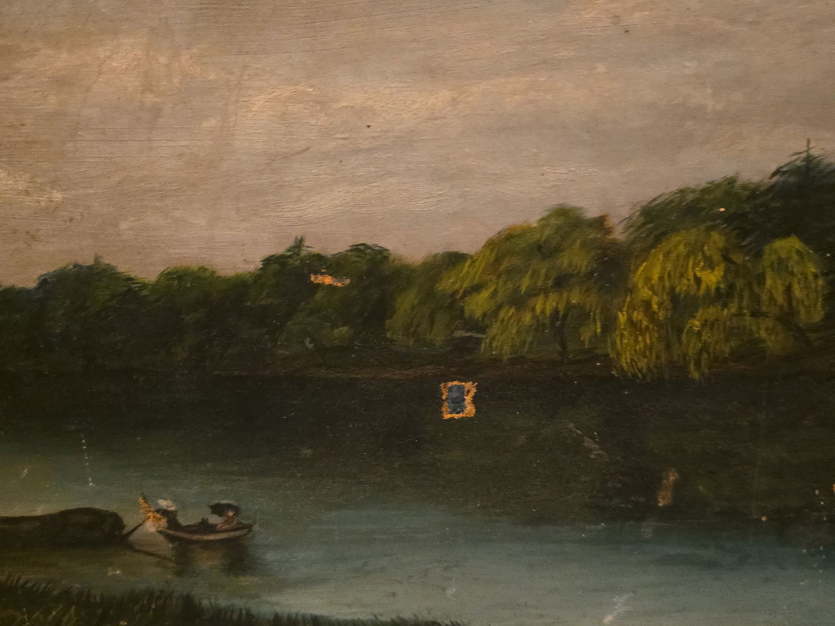 Antique Oil Painting on Board, River Landscape with Figures in a Rowboat and House Among Trees