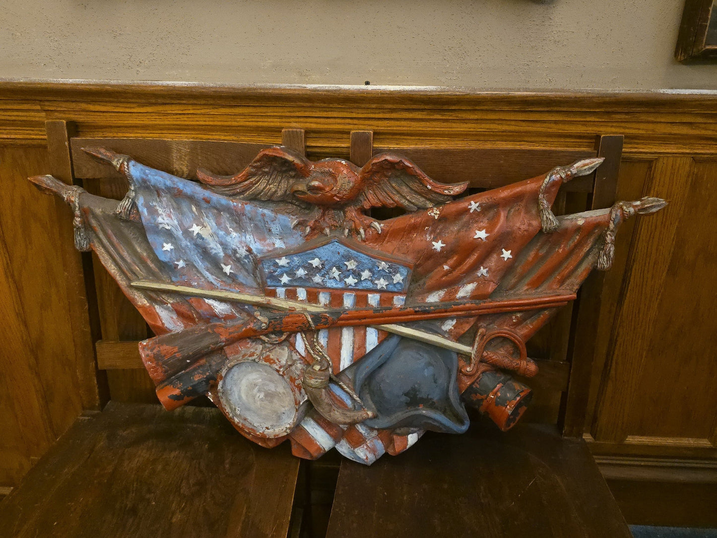 Vintage Painted Fiberglass Patriotic Eagle and Flags Wall Plaque with Shield, Drum, and Musket