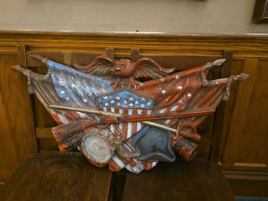 Vintage Painted Fiberglass Patriotic Eagle and Flags Wall Plaque with Shield, Drum, and Musket