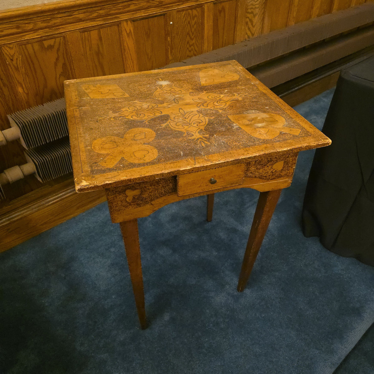 Antique Pyrography Card Table with Suit Motifs and Single Drawer