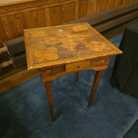 Antique Pyrography Card Table with Suit Motifs and Single Drawer