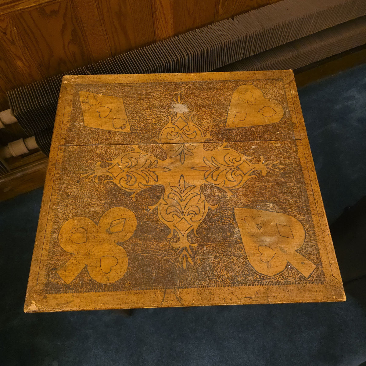 Antique Pyrography Card Table with Suit Motifs and Single Drawer