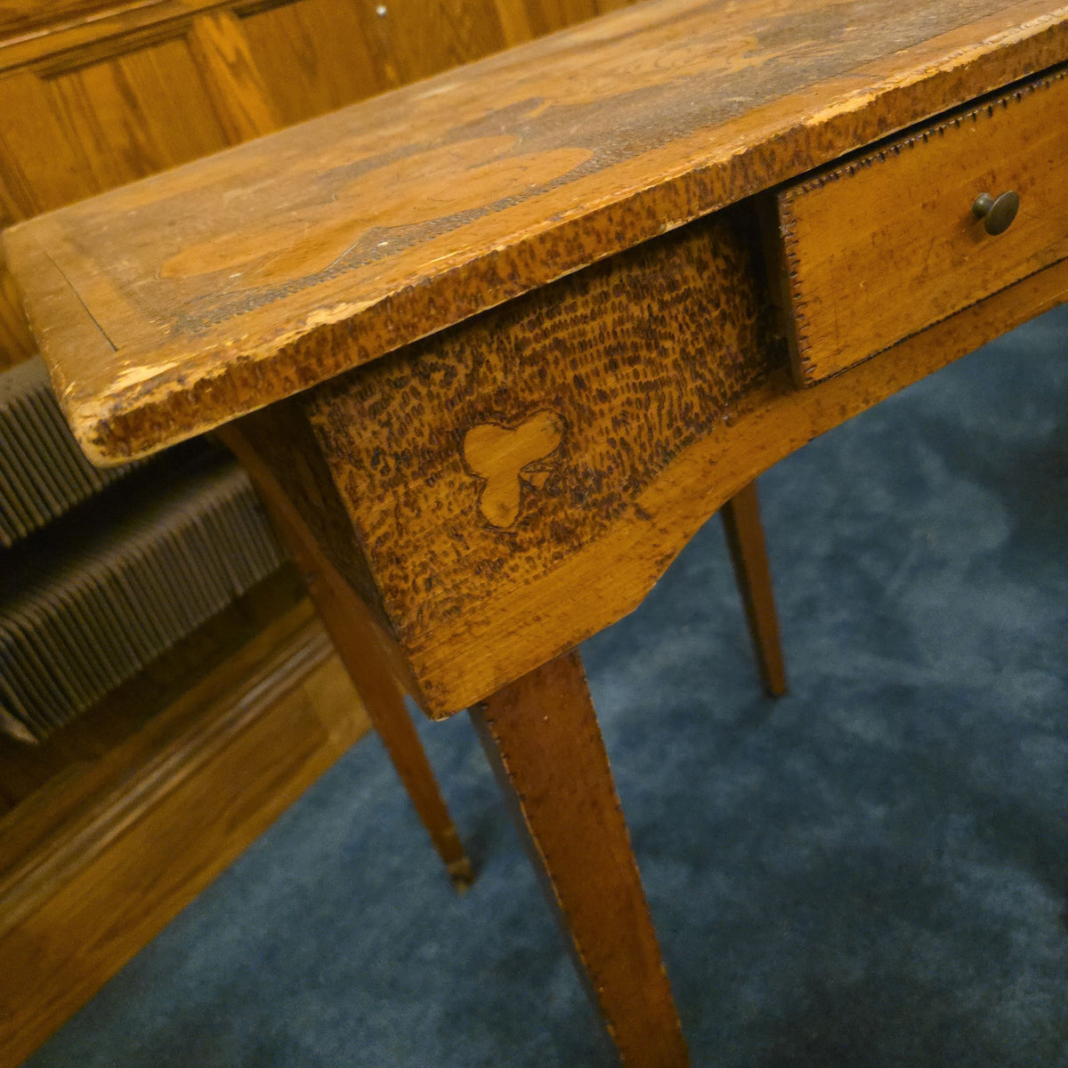 Antique Pyrography Card Table with Suit Motifs and Single Drawer
