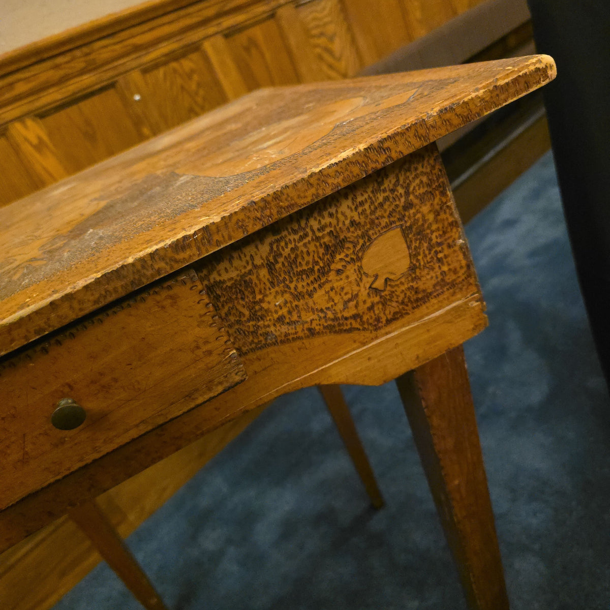 Antique Pyrography Card Table with Suit Motifs and Single Drawer