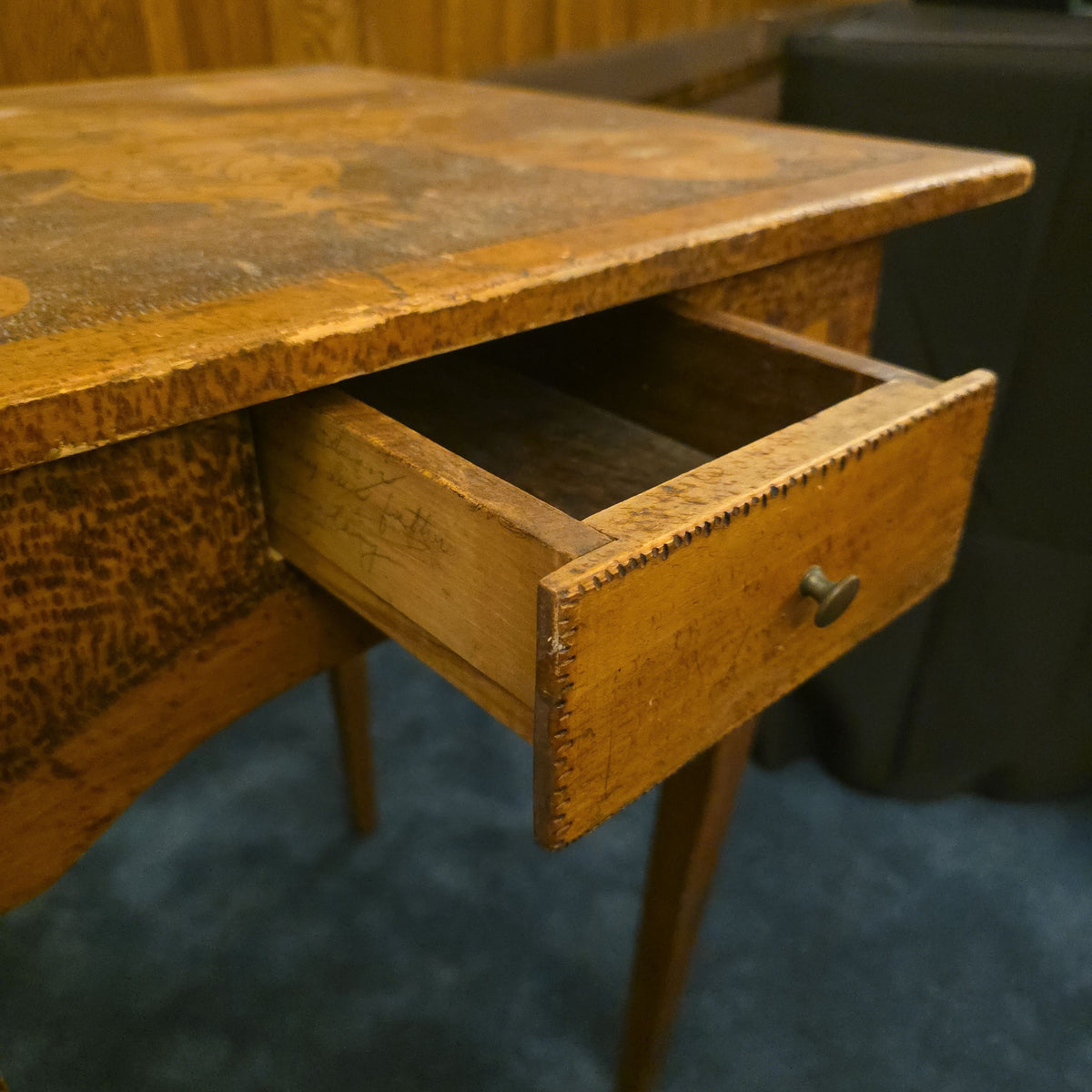 Antique Pyrography Card Table with Suit Motifs and Single Drawer