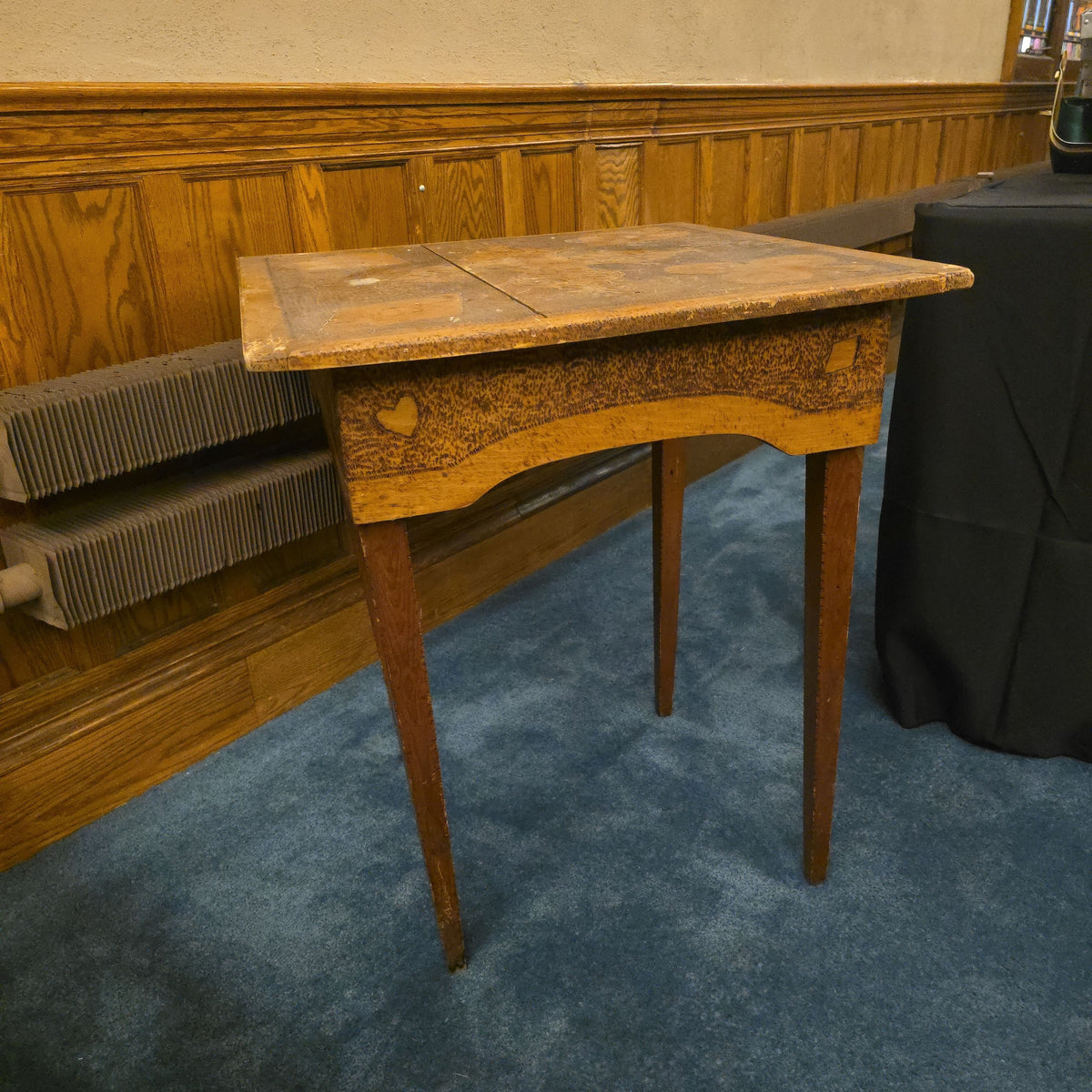 Antique Pyrography Card Table with Suit Motifs and Single Drawer