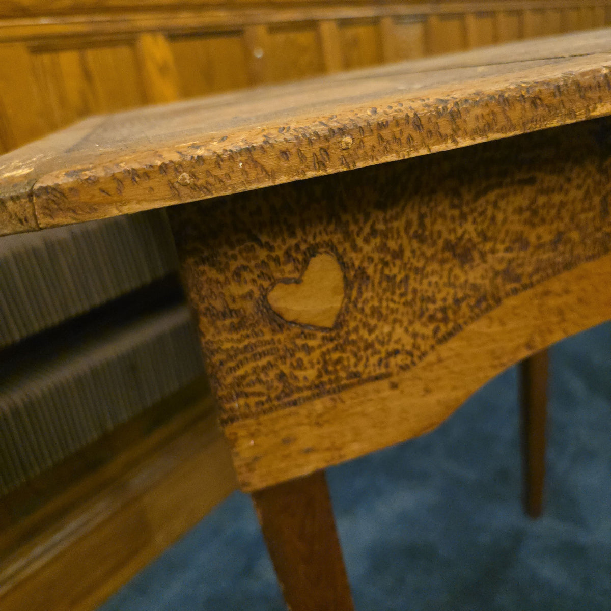 Antique Pyrography Card Table with Suit Motifs and Single Drawer