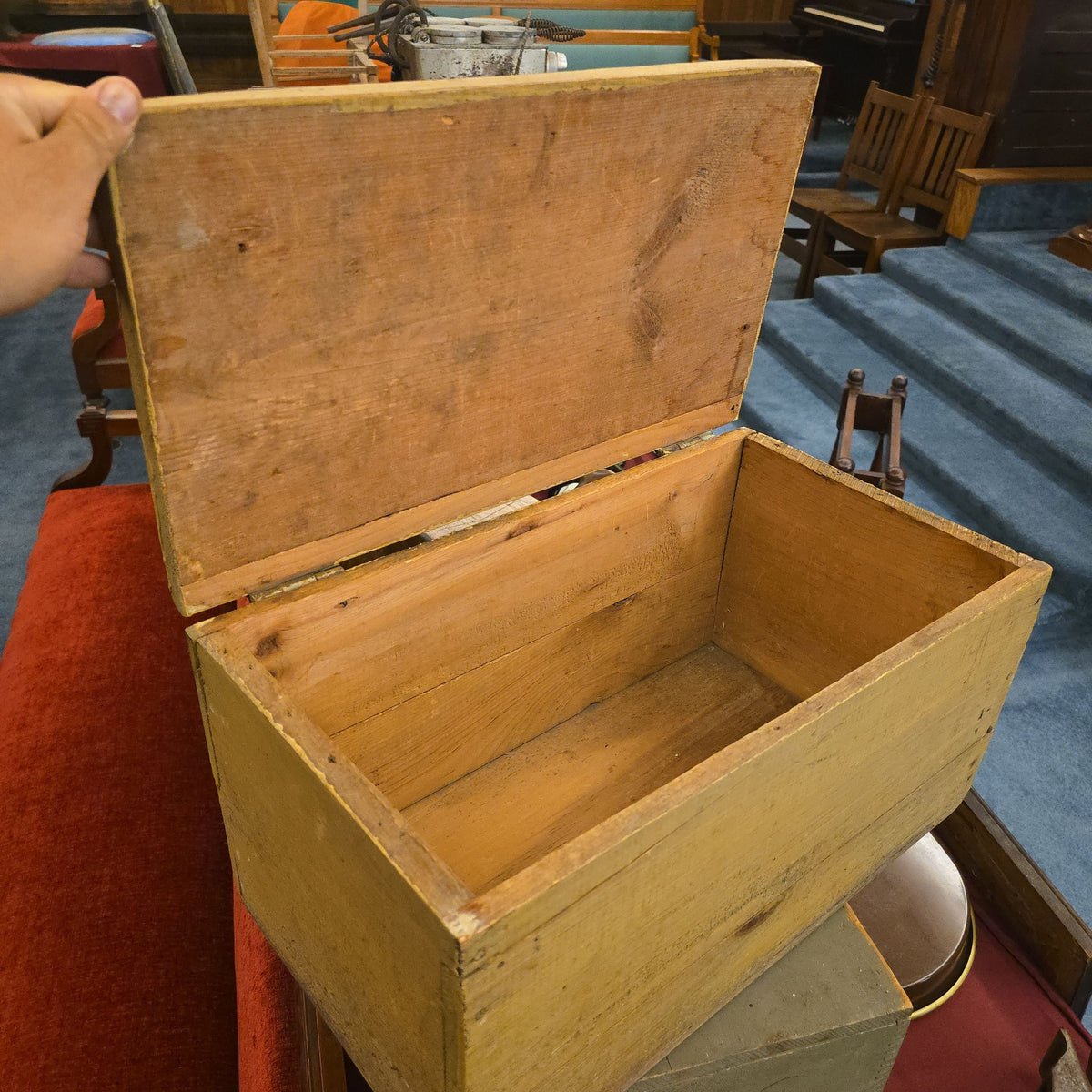 Antique Yellow-Painted Wooden Hinged-Lid Box