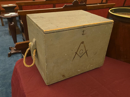 Vintage Masonic Painted Wood Storage Box with Square and Compass Symbols and Rope Handles