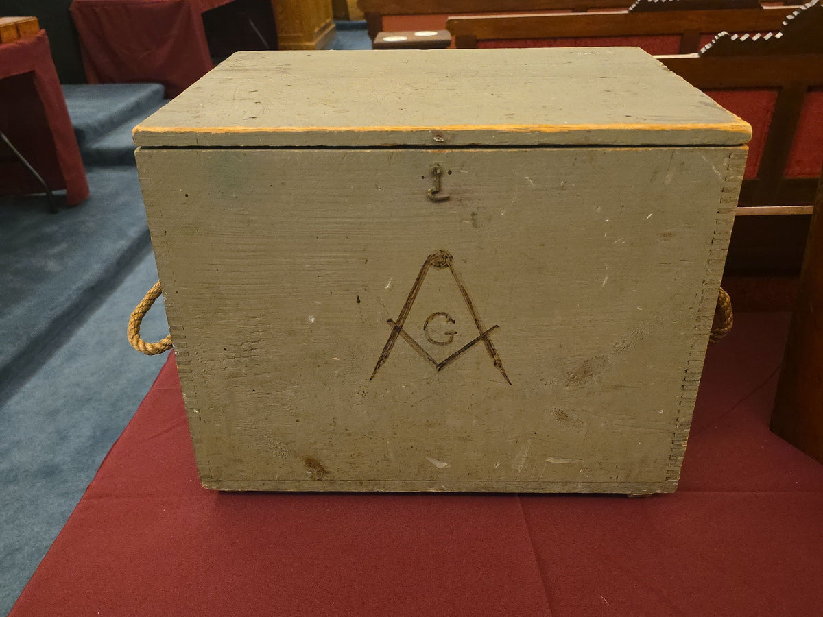 Vintage Masonic Painted Wood Storage Box with Square and Compass Symbols and Rope Handles
