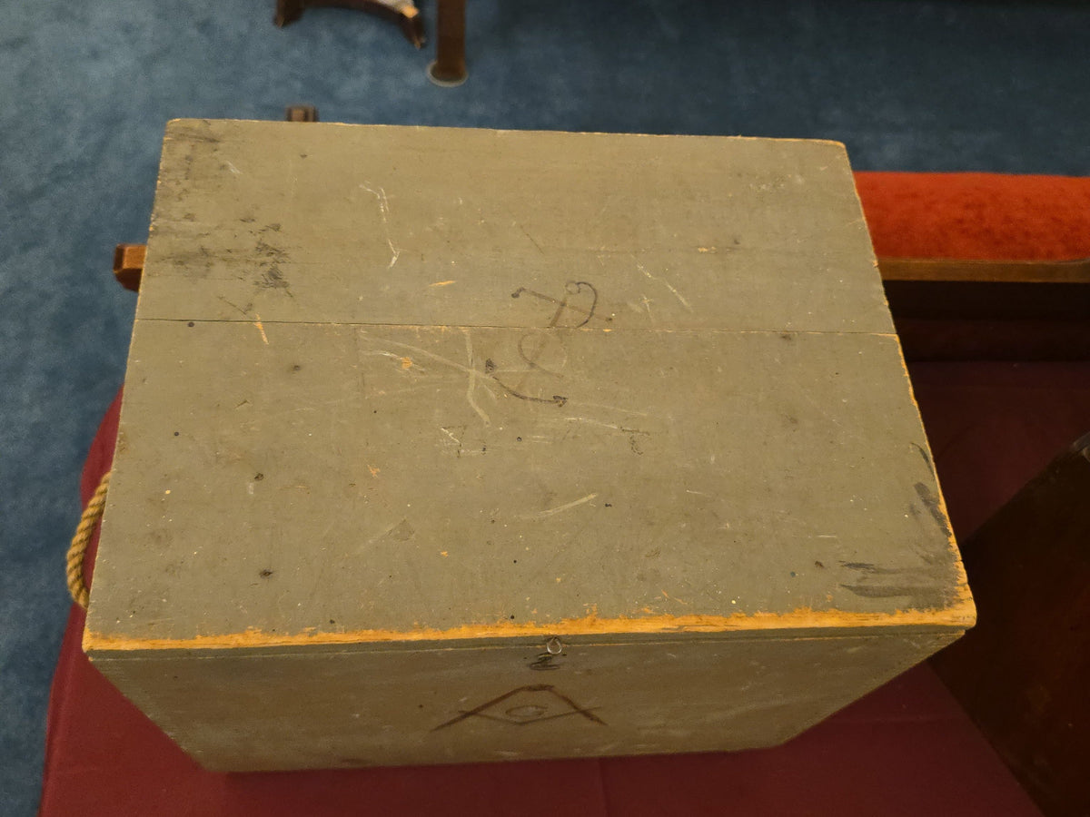 Vintage Masonic Painted Wood Storage Box with Square and Compass Symbols and Rope Handles
